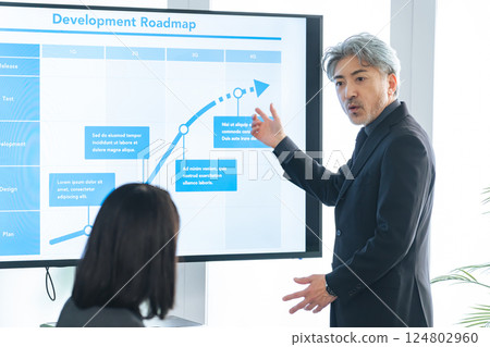 A middle-aged male business person giving an explanation in front of a large screen monitor 124802960