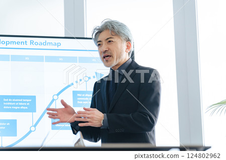 一位中年男性商務人士在大螢幕顯示器前進行解釋 124802962