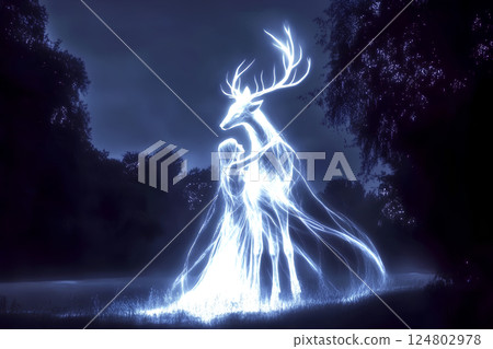 A glowing deer merges with a silhouette in a dark forest, creating a captivating ethereal scene illuminated by gentle light. The surrounding trees enhance the enchanting atmosphere. 124802978