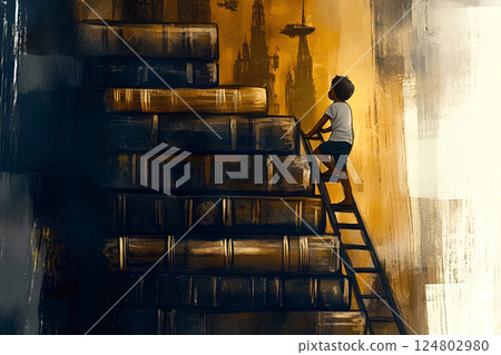 A young boy ascends a ladder made of books, reaching for a seemingly unreachable skyline filled with whimsical structures. The scene evokes themes of exploration and learning. A young boy ascends a ladder made of books, reaching for a seemingly unreachable skyline filled with whimsical structures. The scene evokes themes of exploration and learning. 124802980