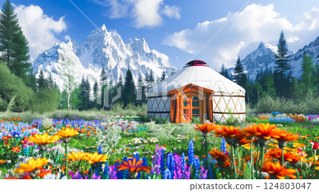 A yurt with flowers in a  grassland nature. 124803047
