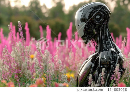 A humanoid robot stands quietly among a field of blooming flowers, surrounded by colorful pink blossoms and greenery. The serene setting captures a blend of nature and technology. 124803058