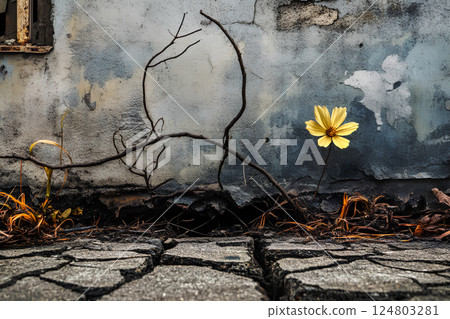 In an urban landscape, a bright yellow flower emerges through cracked pavement, surrounded by dry grass and twisted branches against a weathered wall. Nature prevails in a harsh environment. 124803281