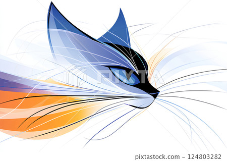 This artwork features a stylized cat's head in profile, showcasing smooth lines and flowing fur in vivid shades of blue, orange, and white. The elegant design highlights the cat's expressive features. 124803282