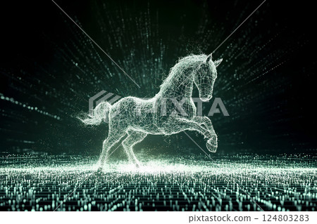 A prancing horse is depicted in a digital style, created with glowing lines and particles against a dark background, exuding a sense of motion and energy. 124803283