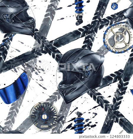 Helmet, chain, blue visor, speedometer, shock absorber and motorcycle tire tracks seamless pattern. Biker Moto gear. Watercolor Illustration isolated on white background with black splatters Helmet, chain, blue visor, speedometer, shock absorber and motorcycle tire tracks seamless pattern. Biker Moto gear. Watercolor Illustration isolated on white background with black splatters 124803333
