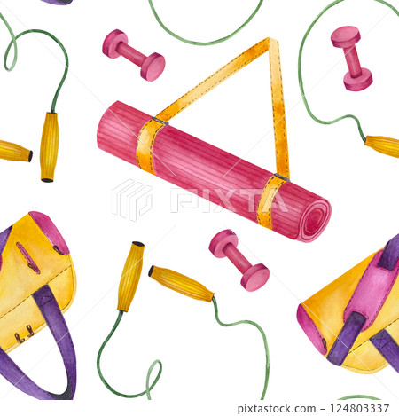 Fitness equipment Jump rope, yoga mat, dumbbells and sport bag seamless pattern. Bright watercolor illustration isolated on white background. For packaging sportswear, box, textile, certificates 124803337