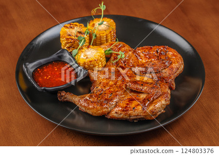 Fried chicken tobacco on a dark background. top view. copy space for text 124803376