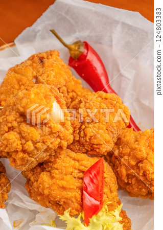 Fried Mozzarella Cheese Balls from the hot air fryer oven. appetizer on a light background, top view. copy space 124803383