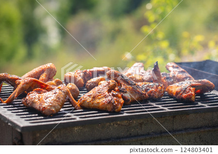 Spicy chicken wings grilling on a summer barbecue with hot flames, BBQ, outdoor Spicy chicken wings grilling on a summer barbecue with hot flames, BBQ, outdoor 124803401