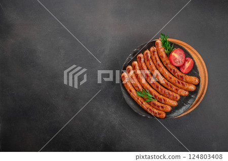 Grilled sausages with tomato on dark background, top view, copy space 124803408