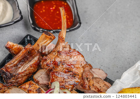 Grilled beef barbecue Veal ribs steak. Delicious juicy meat on the bone or rack. copy space 124803441