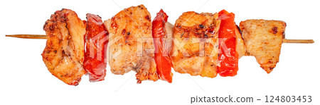 Grilled chicken kebab with fresh vegetable isolated on white background. lunch with roasted skewers Grilled chicken kebab with fresh vegetable isolated on white background. lunch with roasted skewers 124803453
