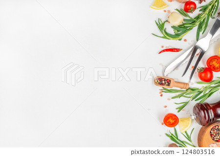 composition with ingredients for cooking, Herbs and condiments on light background. Top view, copy space composition with ingredients for cooking, Herbs and condiments on light background. Top view, copy space 124803516