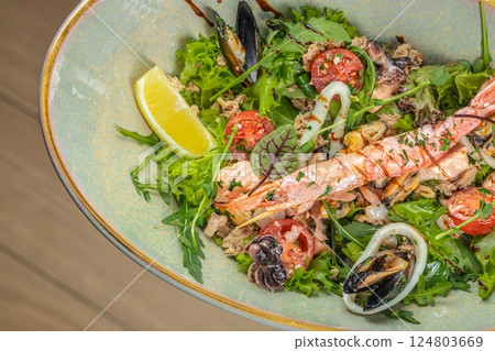 seafood salad di mare, space for text. top view 124803669