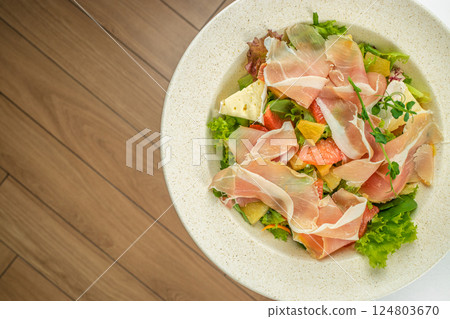 jamon prosciutto salad, Antipasto, top view, copy space 124803670