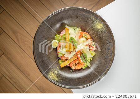 Caesar salad with shrimp, Shrimp Salad Seafood, top view, copy space 124803671