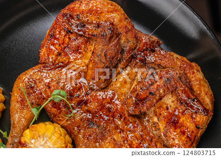 Grilled fried roast Chicken tobacco. Food recipe background. Close up. top view Grilled fried roast Chicken tobacco. Food recipe background. Close up. top view 124803715