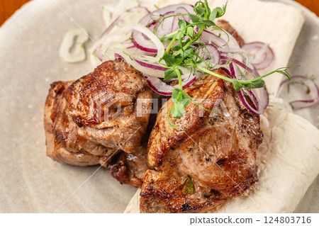 delicious grilled meat. Restaurant menu, dieting, cookbook recipe top view delicious grilled meat. Restaurant menu, dieting, cookbook recipe top view 124803716
