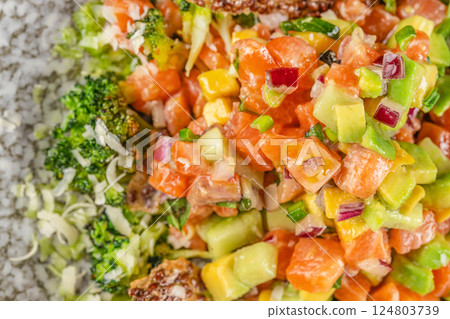 Delicious avocado and raw salmon salad, tartare. Food recipe background. Close up. top view Delicious avocado and raw salmon salad, tartare. Food recipe background. Close up. top view 124803739
