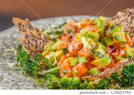 salmon tartare. Raw salmon, avocado purple onion salad. Food recipe background. Close up salmon tartare. Raw salmon, avocado purple onion salad. Food recipe background. Close up 124803740