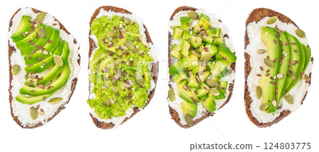 Healthy avocado toasts for breakfast or lunch with rye bread, sliced avocado, isolated on white background. Vegetarian food. Plant-based diet. Clean eating. Top view Healthy avocado toasts for breakfast or lunch with rye bread, sliced avocado, isolated on white background. Vegetarian food. Plant-based diet. Clean eating. Top view 124803775