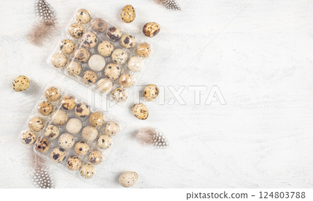 lots of quail eggs in the plastic tray on a light background, ecological farm products. top view. copy space 124803788