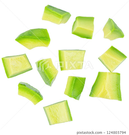 Avocado slices, peeled avocado cubes isolated on white background Avocado slices, peeled avocado cubes isolated on white background 124803794