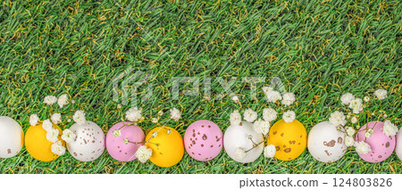 Easter egg candy with blossoms spring flowers on green grass park or garden background. Long banner format. top view. copy space 124803826
