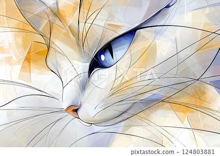 A detailed portrayal of a cats face with striking blue eyes set against a colorful abstract background. The artwork highlights the felines elegant features, inviting admiration. 124803881