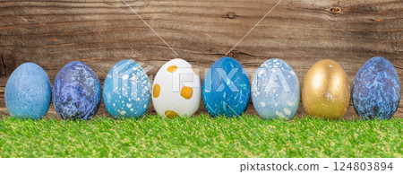 Easter holiday concept with cute handmade eggs in green grass. Festive decoration. Happy Easter. 124803894