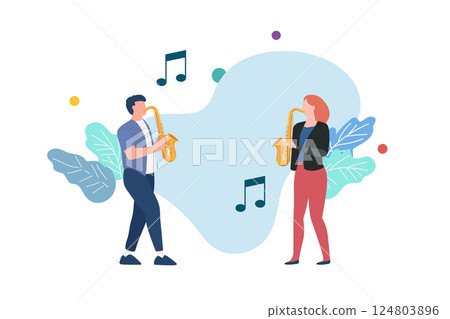Man and woman are playing jazz music on saxophone Man and woman are playing jazz music on saxophone 124803896