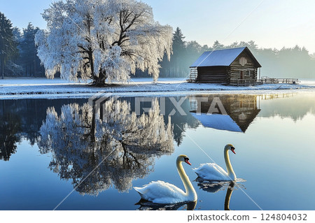 Two swans glide gracefully across a still lake, reflecting the frosty tree and a rustic cabin. It is a peaceful winter morning with a serene atmosphere and beautiful icy scenery. 124804032