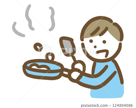 一名年輕男子用煎鍋煮飯(上半身) 一名年輕男子用煎鍋煮飯(上半身) 124804086