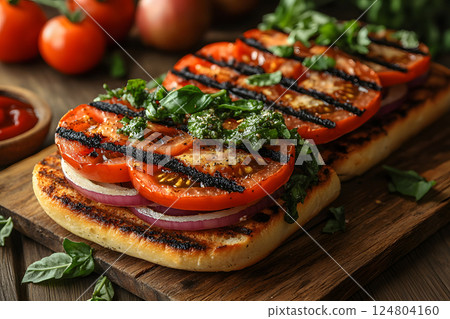 Grilled Tomato and Basil Sandwich with Red Onion on Toasted Ciabatta Generative AI 124804160