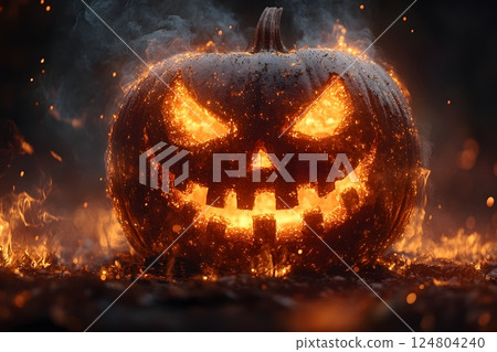 Halloween Jack-o'-Lantern: Fiery Glow with Intense Atmosphere for Holiday Design Generative AI 124804240