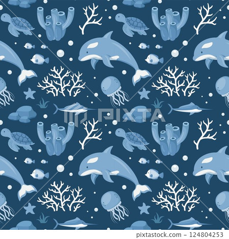 Seamless Ocean Pattern Design Featuring Decorative Marine Life Elements in a Cartoon Flat Style Illustration Template 124804253