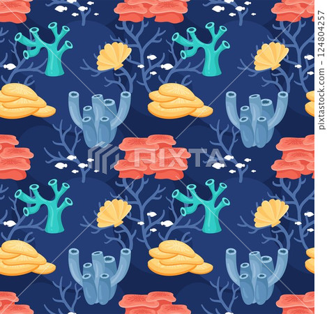 Seamless Ocean Pattern Design Featuring Decorative Marine Life Elements in a Cartoon Flat Style Illustration Template 124804257