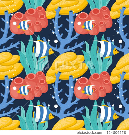 Seamless Ocean Pattern Design Featuring Decorative Marine Life Elements in a Cartoon Flat Style Illustration Template 124804258
