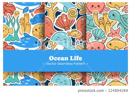 Seamless Ocean Pattern Design Featuring Decorative Marine Life Elements in a Cartoon Flat Style Illustration Template Seamless Ocean Pattern Design Featuring Decorative Marine Life Elements in a Cartoon Flat Style Illustration Template 124804269