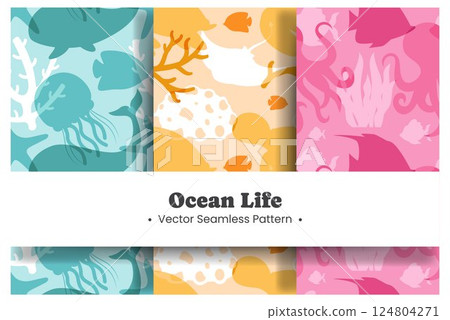 Seamless Ocean Pattern Design Featuring Decorative Marine Life Elements in a Cartoon Flat Style Illustration Template Seamless Ocean Pattern Design Featuring Decorative Marine Life Elements in a Cartoon Flat Style Illustration Template 124804271