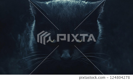 A black cat sits ominously in a shadowy environment, its piercing glowing eyes staring intently. The smoky backdrop adds to the enigmatic aura of the scene. 124804278