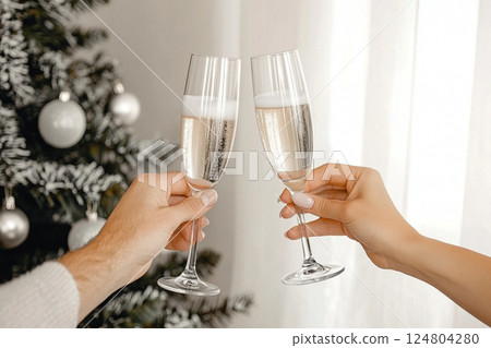 Two hands clink glasses filled with sparkling champagne, symbolizing a joyful celebration. A beautifully decorated Christmas tree enhances the festive atmosphere of the room. 124804280