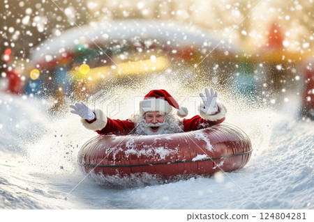 A joyful figure dressed as Santa Claus slides down a snowy hill on a red tubing inner tube, surrounded by sparkling snowflakes and colorful decorations. It's a festive winter day. 124804281