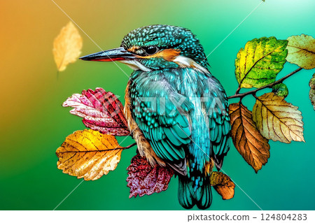 A striking kingfisher, with its bright blue and orange plumage, sits on a vivid display of autumn leaves. The background features a gradient of green and orange hues, creating a tranquil atmosphere. 124804283