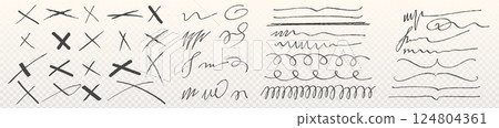 Handdrawn highlight lines and cross marks set Handdrawn highlight lines and cross marks set 124804361