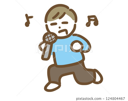 A young man in casual clothes holding a microphone singing passionately (full body) 124804467