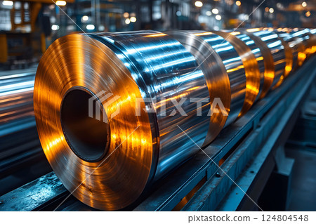 Shiny Metal Rolls in Industrial Setting for Manufacturing and Production Concepts Generative AI 124804548
