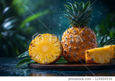 Fresh Pineapple Showcase with Sliced Pieces on Tropical Background Generative AI 124804550