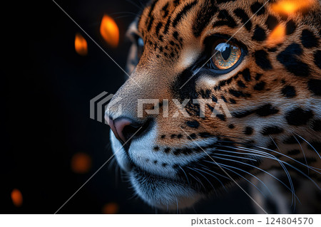Majestic Leopard Portrait with Fiery Embers for Wildlife Photography and Art Generative AI 124804570